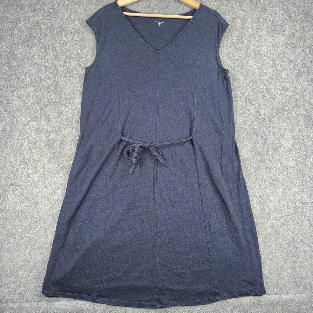 Garnet Hill Tank Dress Womens Medium Blue 100% Organic Linen Belted V Neck‎